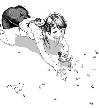 1girl all_fours ammunition breasts chiappa_rhino closed_mouth clumsy commentary electric_niw english_commentary glasses greyscale gun holding holding_gun holding_weapon long_hair monochrome open_mouth original pencil_skirt round_eyewear shell_casing shirt short_sleeves simple_background skirt solo tearing_up unworn_eyewear weapon