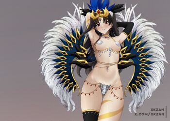 1girl armpits arms_up artist_name bare_shoulders belly belly_chain black_hair blush bodypaint brazil breasts brown_hair carnival chain choker crown dancing diamond_(shape) earrings fate/grand_order fate_(series) feather_hair_ornament feathered_wings feathers flower gem glitter gloves gluteal_fold gold gradient_background grin groin hair_flower hair_ornament highres ishtar_(fate) jewelry long_hair looking_at_viewer makeup medium_breasts midriff navel navel_piercing paid_reward_available parted_bangs parted_lips pasties piercing red_eyes samba sidelocks simple_background smile smirk socks solo standing thighhighs thighs twintails twitter_username two_side_up wings xkzan