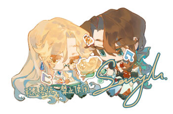 1girl 2195305919 2boys :o aqua_bow aqua_eyes ascot black_gloves black_shoes black_vest blonde_hair blood_emperor blue_gem book bow brown_hair chibi chibi_only chinese_commentary chinese_text clownfish commentary_request commission curtained_hair earrings fish full_body gem glasses gloves green_pants hair_bow hand_to_own_mouth holding holding_book holding_sword holding_weapon jewelry jitome long_hair long_sleeves lord_of_the_mysteries low_ponytail male_focus mermaid mini_person minigirl monster_girl multiple_boys musical_note no_mouth open_book open_mouth outline pants parted_bangs ponytail reading red_gemstone sample_watermark seashell semi-rimless_eyewear shell shirt shoes simple_background sword teardrop_earrings trunsoest_(lord_of_the_mysteries) under-rim_eyewear very_long_hair vest watermark weapon white_ascot white_background white_outline white_pants white_shirt yellow_eyes