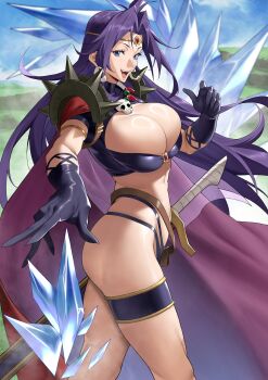 1girl abs absurdres armor ass bikini bikini_armor blue_eyes breasts circlet cleavage commentary_request curtained_hair earrings from_side gloves highleg highleg_bikini highres ice jewelry large_breasts long_hair looking_at_viewer naga_the_serpent necklace open_mouth outstretched_arm pauldrons purple_hair shoulder_armor shoulder_spikes skull_necklace sky slayers solo spiked_pauldrons spikes swimsuit sword very_long_hair weapon yoshio_(55level)