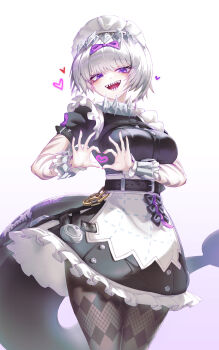 1girl :d absurdres apron arm_tattoo black_dress black_pantyhose bow breasts commentary cosplay dress ellen_joe ellen_joe_(cosplay) fins fish_tail four-finger_heart_hands hair_bow heart heart_hands highres kira_(project_moon) limbus_company maid maid_apron maid_headdress medium_breasts open_mouth pantyhose project_moon purple_bow purple_eyes rpg_(ram) shark_tail sharp_teeth short_hair smile solo tail tattoo teeth white_apron white_hair white_headdress wrist_cuffs zenless_zone_zero