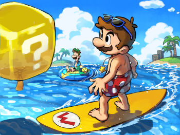 Rule 34 | 2boys, ? block, alternate costume, blue-framed eyewear, blue shirt, brothers, brown hair, closed eyes, cloud, cumulonimbus cloud, day, eyewear on head, facial hair, green-framed eyewear, green shorts, highres, innertube, jewelry, luigi, male focus, mario, mario &amp; luigi rpg, mario (boxer shorts), mario (series), masanori sato (style), multiple boys, mustache, necklace, nintendo, open clothes, open mouth, open shirt, outdoors, palm tree, polka dot, polka dot shorts, red shorts, shirt, short hair, shorts, siblings, sitting, solo focus, standing, star-shaped eyewear, star (symbol), star necklace, starlow, sunglasses, surfboard, swim ring, topless male, tree, water, yamari (ya mari 6363)