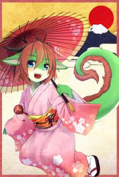 Rule 34 | 10s, 1girl, 2012, animal ears, bad id, bad nicoseiga id, blue eyes, blush, border, brown hair, colored skin, dragon, dragon ears, dragon girl, dragon horns, dragon tail, fangs, floral print, flower, furry, green skin, hair flower, hair ornament, horns, japanese clothes, kagerofu, kimono, looking at viewer, mount fuji, new year, obi, oil-paper umbrella, open mouth, orange hair, original, rattle drum, red border, sandals, sash, short hair, tabi, tail, umbrella