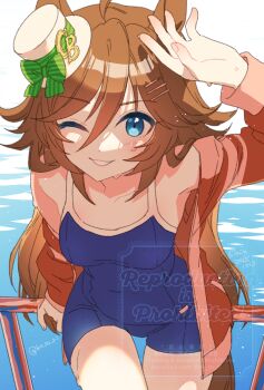 1girl ahoge animal_ears bare_shoulders blue_eyes blue_one-piece_swimsuit blush breasts brown_hair collarbone commentary_request competition_school_swimsuit covered_navel hair_between_eyes hair_ornament hairclip hat highres horse_ears horse_girl horse_tail jacket koruri long_hair long_sleeves looking_at_viewer medium_breasts mini_hat mini_top_hat mr._c.b._(umamusume) navel one-piece_swimsuit one_eye_closed open_clothes open_jacket open_mouth red_jacket school_swimsuit smile solo swimsuit tail top_hat tracen_swimsuit tracen_training_uniform track_jacket umamusume water wet white_hat