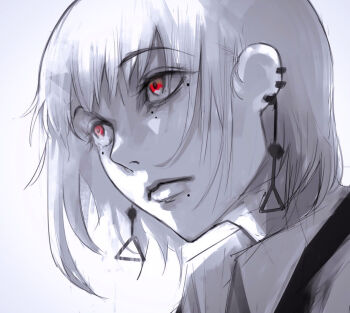 1girl chainsaw_man closed_mouth collared_shirt earrings fami_(chainsaw_man) greyscale jewelry medium_hair misutajobujobu mole mole_under_eye mole_under_mouth monochrome multiple_moles red_eyes shirt solo spot_color