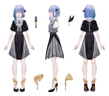 Rule 34 | 1girl, absurdres, arms at sides, black dress, black shoes, blue eyes, blue hair, blue nails, brooch, ciel (kamitsubaki studio), commentary request, dress, full body, grey dress, hair ornament, high heels, highres, jewelry, kamitsubaki studio, medium hair, multiple views, official art, profile, reference sheet, shirone (coxo ii), shoes, simple background, standing, turnaround, two-tone dress, virtual youtuber, white background