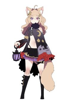 1girl absurdres ahoge animal_ear_fluff animal_ears arm_garter belt_boots black_boots black_shirt black_skirt boots cat_ears cat_tail closed_mouth commentary_request commission crescent crescent_hair_ornament ekrea_jan expressionless full_body hair_intakes hair_ornament heterochromia highres holding holding_lantern indie_virtual_youtuber jewelry knee_boots lantern long_hair long_sleeves looking_at_viewer midriff miniskirt navel panty_straps pink_eyes pleated_skirt puff_and_slash_sleeves puffy_sleeves purple_eyes ring shirt shizukiya_kuroa simple_background single_bare_shoulder skeb_commission skirt solo star_(symbol) star_hair_ornament tachi-e tail thigh_strap virtual_youtuber wavy_hair white_background