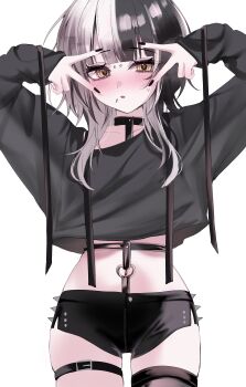 1girl absurdres acedia black_hair black_shorts blush bridge_piercing brown_eyes commentary crop_top double_v english_commentary face_piercing grey_hair grey_shirt highres hololive hololive_english looking_at_viewer multicolored_hair navel open_mouth paid_reward_available piercing shiori_novella shirt shorts simple_background skindentation thigh_strap two-tone_hair v v_over_eye virtual_youtuber white_background