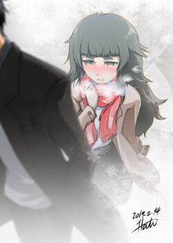 1boy 1girl black_hair blunt_bangs blush brown_jacket coat hiyajou_maho jacket lokis-hati long_hair messy_hair okabe_rintarou pink_scarf scarf science_adventure shirt steins;gate steins;gate_0 valentine very_long_hair white_shirt winter winter_clothes winter_coat