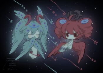 2girls angel aqua_hair aqua_wings biblically_accurate_angel chibi chibi_only closed_mouth drill_hair folded_wings hair_wings hatsune_miku highres kasane_teto multiple_girls red_eyes red_hair red_wings shieriru twin_drills utau vocaloid wings