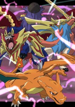 1boy baseball_cap black_headwear cape capelet charizard claws commentary_request energy fire flame-tipped_tail floating_cape fur-trimmed_capelet fur_trim gen_1_pokemon gen_8_pokemon hat legendary_pokemon leon_(pokemon) long_hair male_focus nintendo pokemon pokemon_(creature) pokemon_evolutions purple_hair red_cape tail yusuke_oshida zacian zacian_(crowned) zamazenta zamazenta_(crowned)