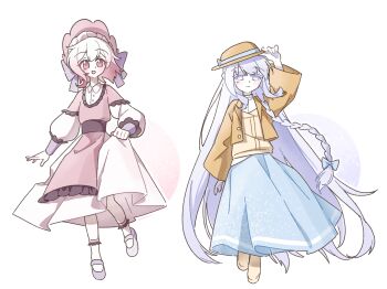 Rule 34 | 2girls, absurdly long hair, alternate costume, blue skirt, bonnet, braid, brown hat, brown jacket, casual, chinese commentary, commentary request, commission, dress, frilled dress, frills, full body, hand on headwear, hat, highres, jacket, layered dress, long hair, long sleeves, looking at viewer, mahou shoujo no majo saiban, multicolored hair, multiple girls, open mouth, pink bonnet, pink eyes, sakuraba ema, shilizi, shirt, shoes, short hair, side braid, simple background, skirt, skirt hold, smile, spoilers, standing, standing on one leg, tsukishiro yuki, very long hair, white background, white dress, white hair, yellow shirt