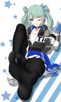 1girl absurdres black_pantyhose blue_eyes feet green_hair hatsune_miku highres light_blush long_hair looking_at_viewer one_eye_closed pantyhose parted_lips samiko shoes smile soles steam toes twintails unworn_shoes vivid_bad_squad_miku vocaloid wink