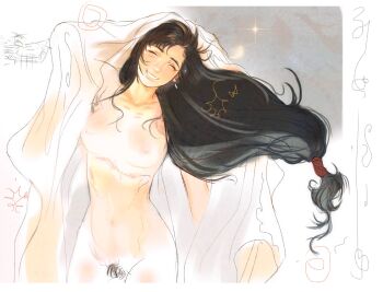 1girl bed_sheet black_hair breasts closed_eyes cow earrings female_pubic_hair final_fantasy final_fantasy_vii highres jewelry lockhartpng long_hair low-tied_long_hair medium_breasts naked_sheet nude parted_lips pubic_hair scar scar_on_chest sketch smile solo tifa_lockhart veil white_veil