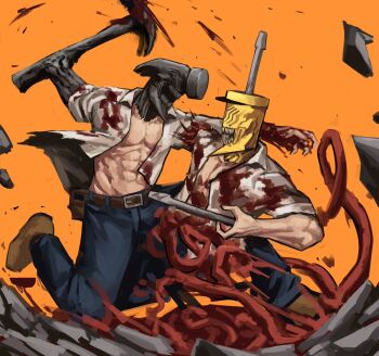 2boys battle belt blood brown_belt brown_footwear chainsaw_man commentary demon_boy drill drill_hand english_commentary english_text fighting hammer holding holding_nail intestines multiple_boys nail_(hardware) no_eyes open_clothes open_mouth open_shirt orange_background original perry_bible_fellowship redrawn shirt shoes single_hand slapknutts sleeves_rolled_up speech_bubble suspenders teeth utility_belt white_shirt