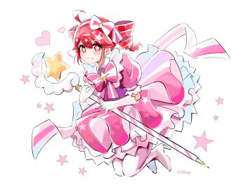 Rule 34 | 1girl, ahoge, boots, bow, bowtie, cosplay, dress, drill hair, full body, gloves, hair bow, hatsune miku, hatsune miku (cosplay), heart, high heel boots, high heels, highres, holding, holding staff, ima sugu rinne (vocaloid), kasane teto, magical girl, mp777b, pink bow, pink bowtie, pink dress, puffy short sleeves, puffy sleeves, red hair, short sleeves, signature, smile, solo, staff, star-shaped pupils, star (symbol), symbol-shaped pupils, twin drills, utau, white gloves