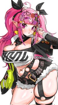 1girl 2025 ahoge alternate_breast_size_(larger) arm_at_side artist_name bangboo_(zenless_zone_zero) belt black_jacket black_ribbon black_shorts black_sleeves blunt_bangs blush breasts character_doll cleavage clothes_writing clothing_cutout commentary contrapposto cosplay cowboy_shot cropped_jacket cutoffs demon_girl demon_horns detached_sleeves doll earrings english_commentary eyebrows_hidden_by_hair female_focus hair_ornament hair_ribbon hairclip hairdressing heart heart_ahoge heart_earrings heart_necklace highres horns huge_breasts indie_virtual_youtuber ironmouse jacket jewelry long_hair long_sidelocks looking_at_viewer micro_shorts midriff mole mole_on_breast mole_on_thigh multicolored_hair navel necklace nicole_demara nicole_demara_(cosplay) notice_lines o-ring o-ring_thigh_strap pink_hair pink_lips pointy_ears popped_collar puckered_lips purple_eyes purple_hair ribbon shiny_skin shorts shoulder_cutout sidelocks simple_background skindentation solo strapless streaked_hair thick_thighs thigh_strap thighs tube_top twintails vacantstone virtual_youtuber white_background white_tube_top yellow_nails zenless_zone_zero