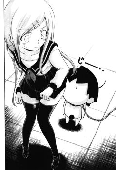 Rule 34 | 1boy, 1girl, bar censor, blush, breasts, censored, chain, chibi, collar, collarbone, completely nude, faceless, faceless male, floor, from above, full body, greyscale, hair ornament, hairclip, highres, long hair, long sidelocks, long sleeves, looking back, minazuki suu, miniskirt, monochrome, neckerchief, nude, parted lips, peeking, pleated skirt, sailor collar, sailor shirt, sakurai tomoki, school uniform, serafuku, shirt, sidelocks, skirt, small breasts, sora no otoshimono, standing, sweat, thighhighs, third-party source, wince, zettai ryouiki