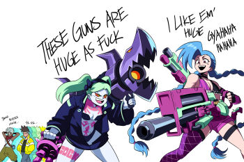 2boys 2girls absurdres artificial_eye bare_shoulders black_bra black_jacket blue_hair bra braid colored_sclera colored_skin cyberpunk_(series) cyberpunk:_edgerunners dark-skinned_male dark_skin david_martinez ekko_(league_of_legends) english_text fingerless_gloves gloves gun highres jacket jinx_(league_of_legends) league_of_legends long_hair mechanical_eye mohawk multiple_boys multiple_girls profanity rebecca_(cyberpunk) red_sclera rocket_launcher short_hair spiked_hair stomach_tattoo tattoo tina_fate twin_braids twintails underwear very_long_hair weapon white_background yellow_jacket