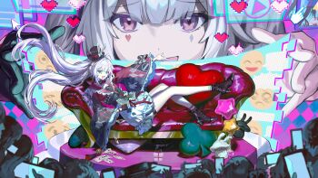 1girl absurdres black_boots black_gloves black_hat boots braid commentary diamond_(shape) diamond_facial_mark emoji english_commentary facial_mark floating_hair full_body gloves hand_up hashibiro_kou_(garapiko_p) hat heart heart_facial_mark highres honkai:_star_rail honkai_(series) long_hair long_sleeves looking_at_viewer lying mark_under_both_eyes mini_hat mini_top_hat official_art on_back pixel_heart pixelated second-party_source single_glove single_sock skirt socks sparkle_(honkai:_star_rail) sparxie_(honkai:_star_rail) top_hat twintails very_long_hair white_hair white_skirt white_socks wide_sleeves