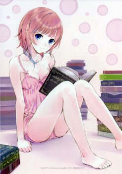 1girl :3 absurdres atelier_(series) atelier_rorona bare_shoulders barefoot blue_eyes book breasts cleavage feet female_focus gust highres kishida_mel legs looking_at_viewer multicolored_hair pajamas red_hair rorolina_frixell short_hair sitting small_breasts smile solo strap_slip