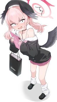 &lt;|&gt;_&lt;|&gt; 1girl ^^^ absurdres bag beret black_shirt black_shoes black_wings blue_archive blush book character_print collarbone commentary content_rating embarrassed eri_(blue_archive) feathered_wings hair_between_eyes halo hands_up hat head_wings highres holding holding_bag holding_book koharu_(blue_archive) leaning_forward loafers looking_at_viewer loose_socks low_wings medium_hair melonbooks miniskirt no_ra339 nose_blush open_mouth pink_hair pink_skirt pleated_skirt pornography red_halo sailor_collar school_uniform serafuku shirt shoes shopping_bag single_bare_shoulder skirt sleeves_past_wrists slit_pupils socks solo standing surprised twintails twitching wavy_mouth white_eyes white_sailor_collar white_socks wings