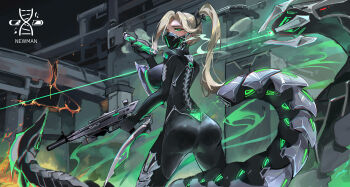 1girl absurdres ambiguous_green_liquid ass black_bodysuit blonde_hair bodysuit breasts chinese_commentary commentary_request cowboy_shot energy_beam from_behind green_eyes gun highres holding holding_gun holding_vial holding_weapon impossible_bodysuit impossible_clothes incredibly_absurdres indoors large_breasts laser looking_at_viewer looking_back machinery mask mechanical_spine molten_metal mouth_mask non-humanoid_robot original ponytail robot robot_animal science_fiction solo vial weapon youlan