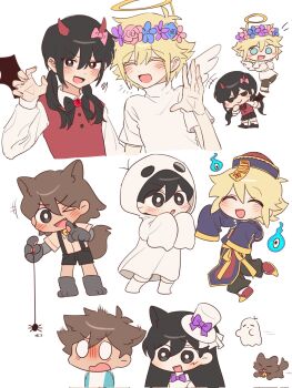 &gt;_o 2girls 4boys alternate_costume angel angel_wings animal_ears aubrey_(faraway)_(omori) aubrey_(omori) basil_(faraway)_(omori) basil_(omori) bell black_eyes black_hair black_shorts black_skirt blonde_hair blue_eyes blush bow bowtie bright_pupils brother_and_sister brothers brown_hair bug cat_ears chibi collar collared_shirt corrupted_twitter_file dark-skinned_male dark_skin demon_horns demon_wings double-parted_bangs fake_animal_ears fake_halo fake_horns fake_tail fake_wings fang flower flower_wreath ghost_costume hair_between_eyes hair_bow halloween_costume halo hat head_wreath hero_(faraway)_(omori) hero_(omori) highres horns index_finger_raised iomor_snuuy jiangshi_costume kel_(faraway)_(omori) kel_(omori) long_hair long_sleeves looking_at_viewer low_twintails mari_(faraway)_(omori) mari_(omori) mini_hat mini_top_hat multiple_boys multiple_girls neck_bell omori one_eye_closed open_mouth pink_bow pleated_skirt purple_bow purple_bowtie red_collar shirt short_sleeves shorts siblings sidelocks simple_background skirt smile socks spider sunny_(omori) suspender_shorts suspenders tail top_hat twintails white_background white_hat white_pupils white_shirt white_socks wings wolf_ears wolf_tail