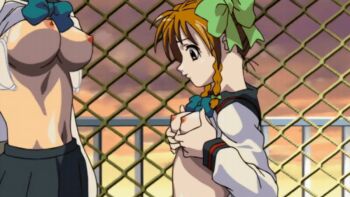 00s 2004 2girls animated animated_gif black_gate black_gate_kan_in_no_gakuen blue_bow blue_bowtie blush bow bowtie bra braid breast_sucking breasts brown_hair clothes_lift ear_piercing earrings evening fence grabbing_another's_breast grabbing_own_breast green_bow green_eyes groping groping_breast hair_bow hair_ribbon hasegawa_koyuki jewelry katsuragi_fuu large_breasts licking licking_breast lowres moaning multiple_girls nipples open_clothes open_mouth outdoors piercing purple_eyes red_hair ribbon school school_rooftop school_uniform shirt shirt_lift size_difference small_breasts small_female stud_earrings tagme tall_female twin_braids underwear unworn_bra upper_body white_bra white_shirt yuri
