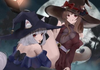 2girls absurdres alternate_costume araca_ra bare_shoulders black_boots black_hat blue_dress blurry boots bow breasts brown_hair brown_hat brown_tail candy commentary depth_of_field detached_sleeves dress ears_through_headwear english_commentary food frilled_sleeves frills full_moon grey_hair grey_thighhighs halloween_costume hat highres holding holding_candy holding_food holo impossible_clothes impossible_dress legs_up long_sleeves looking_at_viewer looking_back medium_breasts medium_hair moon mother_and_daughter mouth_hold multiple_girls myuri_(spice_and_wolf) night night_sky off-shoulder_dress off_shoulder outdoors red_bow red_dress red_eyes sash short_dress sky smile spice_and_wolf star_(sky) starry_sky thighhighs thighs tongue tongue_out tree white_sash witch_hat wolf_girl