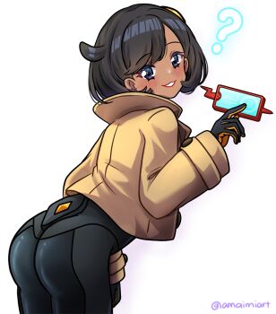 1girl :3 ? amaimi ass black_bodysuit black_gloves black_hair blue_eyes blush bodysuit bodysuit_under_clothes brown_jacket cellphone commentary_request cowboy_shot dark-skinned_female dark_skin emma_(pokemon) gen_4_pokemon gloves hair_between_eyes hair_ornament jacket latex latex_bodysuit leaning_forward long_sleeves looking_at_viewer nintendo orange_gloves parted_lips phone pokemon pokemon_(creature) pokemon_legends:_z-a rotom rotom_phone short_hair sidelocks simple_background smartphone smile solo standing swept_bangs twitter_username two-tone_gloves white_background