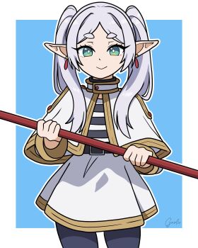 Rule 34 | 1girl, absurdres, belt, capelet, closed mouth, cropped legs, earrings, elf, flat chest, frieren, garloo, green eyes, grey hair, highres, holding, holding staff, jewelry, long hair, long sleeves, looking at viewer, pointy ears, shirt, smile, solo, sousou no frieren, staff, striped clothes, striped shirt, twintails, white capelet