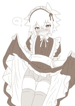 1boy absurdres alternate_costume androgynous antenna_hair apron bare_arms basil_(faraway)_(omori) basil_(omori) blush bow bowtie boxer_briefs bulge buttons closed_mouth collared_dress contrast_collar cowboy_shot crossdressing crossdressing_(mtf) crossed_bangs double-parted_bangs dress embarrassed enmaided eyes_visible_through_hair flipped_hair frilled_apron frilled_sleeves frills frown greyscale hair_between_eyes hands_up head_tilt headdress highres holding_own_dress maid maid_apron maid_headdress male_focus male_maid male_underwear medium_dress monochrome nose_blush omori petticoat puffy_short_sleeves puffy_sleeves raised_inner_eyebrows ribbon_trim saji_neko short_hair short_sleeves sidelocks simple_background skindentation solo spoken_blush standing straight-on sweat tearing_up thighhighs underwear waist_apron white_background