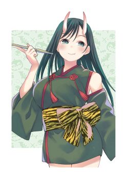 1girl amagami-san_chi_no_enmusubi amagami_yae animal_print bare_shoulders black_hair border breasts closed_mouth commentary_request detached_sleeves fang green_eyes green_sleeves halloween highres holding horns japanese_clothes large_breasts long_hair looking_at_viewer marcey outside_border print_sash sash skin-covered_horns smile solo tiger_print white_border yellow_sash