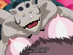 00s 1girl 2001 animated arthropod_girl body_markings breasts bug butterfly_wings colored_skin demon fangs fur-trimmed_jacket fur_trim gaurd_(injuu_gakuen_la_blue_girl) helmet injuu_gakuen_la_blue_girl injuu_gakuen_la_blue_girl:_fukkatsu_hen insect_wings interior jacket lipstick makeup markings medium_breasts monster_girl nipples orange_hair pink_skin pointy_ears sound tagme tentacles video wings yellow_eyes