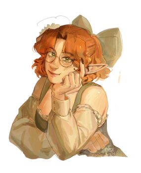 Rule 34 | 1girl, aegyo sal, ahoge, alternate hair length, alternate hairstyle, bare shoulders, black nails, bow, breasts, cheek squash, claws, cleavage, clip studio paint (medium), commentary, cropped torso, curtained hair, dress, elf, english commentary, eydilily, flower, geminitay, geminitay (innkeeper), glasses, green bow, green dress, green eyes, hair bow, hair flower, hair ornament, hair ribbon, head rest, hermitcraft, highres, lips, long sleeves, looking at viewer, making-of available, medium breasts, minecraft youtube, off-shoulder shirt, off shoulder, orange hair, pointy ears, ribbon, round eyewear, shirt, short hair, signature, simple background, smile, solo, white background, white shirt, yellow flower