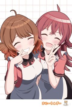 2girls ^_^ ahoge apron blush breasts brown_hair brown_skirt circle_name closed_eyes commentary_request crossed_bangs gakuen_idolmaster gradient_hair grid_background grin hair_between_eyes hair_bun hanami_ume highres idolmaster idolmaster_shiny_colors komiya_kaho large_breasts long_hair multicolored_hair multiple_girls open_mouth pink_shirt red_hair ryoga_kk shirt short_sleeves skirt small_breasts smile upper_body v white_apron white_background