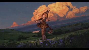1girl absurdres animal_ears animal_print blue_sky bow_(music) breasts cat_ears cat_girl cat_tail closed_mouth cloud cloudy_sky crying crying_with_eyes_open drawer_bushi_huajia dutch_angle elbow_gloves field flower from_side gloves head_tilt highres hill holding holding_bow_(music) holding_instrument holding_violin instrument kemono_friends letterboxed looking_at_viewer looking_to_the_side medium_breasts medium_hair orange_clouds orange_gloves orange_skirt outdoors print_gloves print_skirt print_thighhighs purple_flower scenery serval_(kemono_friends) shirt skirt sky sleeveless sleeveless_shirt smile solo standing star_(sky) tail tears thighhighs twilight violin white_shirt wide_shot