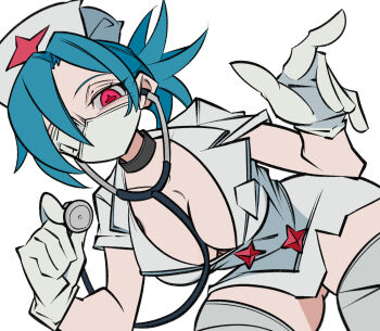 1girl blue_hair breasts choker cleavage cxdotchison eyepatch from_below gloves hair_over_one_eye hat highres large_breasts latex latex_gloves leaning_forward leg_wrap looking_at_viewer mask mouth_mask nurse_cap ponytail pov red_eyes skullgirls solo stethoscope valentine_(skullgirls) white_background