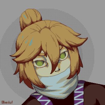 1girl blonde_hair brown_shirt commentary covered_mouth dithered_background dutch_angle english_commentary green_eyes grey_background half_updo looking_at_viewer mizuhashi_parsee muted_color pixel_art portrait scarf shirt short_hair solo touhou vexkaf white_scarf