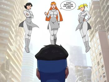 1boy 3girls black_hair blonde_hair blossom_(ppg) blue_eyes breasts bubbles_(ppg) buttercup_(ppg) city closed_mouth cristicko3845 crossed_arms floating full_body green_eyes hands_on_own_hips highres hime_cut invincible_(character) invincible_(series) medium_breasts multiple_girls open_mouth orange_hair pink_eyes powerpuff_girls short_hair twintails viltrumite_clothes