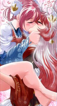 Rule 34 | 2girls, barefoot, blue kimono, blush, braid, braided hair rings, bun cover, closed eyes, commentary, commission, double bun, english commentary, english text, floral print, french kiss, grs-, hair bun, hair ornament, hair rings, highres, japanese clothes, kimono, kiss, leaf hair ornament, leg lock, long hair, maid, multicolored hair, multiple girls, original, print kimono, purple hair, red hair, short hair, standing leg lock, streaked hair, toes, unconventional maid, white hair, wide sleeves, yuri