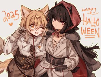 2025 2girls :3 absurdres animal_ears artist_name black_gloves black_hair blonde_hair brown_eyes cheromo159 closed_mouth don_quixote_(project_moon) fang gloves grey_background halloween halloween_costume happy_halloween highres holding holding_leash kemonomimi_mode leash limbus_company long_hair long_sleeves looking_at_viewer multiple_girls one_eye_closed open_mouth project_moon red_eyes ryoshu_(project_moon) simple_background smile tail wolf_ears wolf_girl wolf_tail