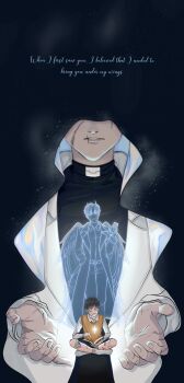 3boys absurdres black_shirt blending book cloak coat crossed_ankles demon_horns english_text feathered_wings hands_up highres holding holding_book hood hood_up hooded_cloak horns kim_dokja liliseme multiple_boys negative_space official_alternate_costume oldest_dream omniscient_reader&#039;s_viewpoint open_clothes open_coat popped_collar scar scar_on_face scar_on_mouth secretive_plotter see-through_body shirt sitting superimposition vest white_coat white_shirt wings yellow_vest yoo_joonghyuk