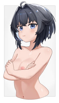 1girl ahoge black_hair blue_eyes breasts chinese_commentary commentary_request cropped_torso crossed_arms hair_intakes highres looking_at_viewer medium_breasts mo_xiaolan navel nipples nude original pout short_hair solo upper_body