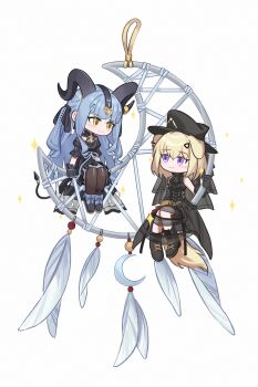 2girls animal_ears arknights artist_request bang_dream! bang_dream!_it&#039;s_mygo!!!!! black_dress black_hat black_pantyhose black_ribbon blonde_hair blue_hair chibi chibi_only chinese_commentary commentary_request commission dog_ears dog_girl dog_tail dreamcatcher dress hair_ribbon hat highres horns long_hair medium_hair misumi_uika misumi_uika_(caged_singer) multiple_girls pantyhose purple_eyes ribbon second-party_source sidelocks simple_background tail togawa_sakiko togawa_sakiko_(master_of_melodia) white_background yellow_eyes