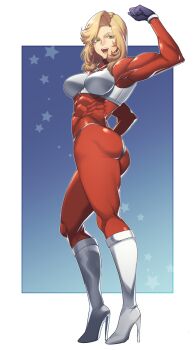 1girl abs ass bad_id bad_twitter_id biceps bikini black_gloves blonde_hair blue_background bodysuit boots border breasts clenched_hand commentary commission english_commentary f-zero flexing full_body gloves green_eyes high_heel_boots high_heels highres houjoh_(7th-heaven) impossible_armor knee_boots medium_breasts medium_hair mrs._arrow muscular muscular_female nintendo open_mouth outside_border panties_over_clothes red_bodysuit silver_bikini silver_boots skin_tight solo standing star_(symbol) star_symbol_background swimsuit teeth thick_thighs thighs upper_teeth_only white_border