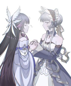 2girls angel_wings bare_shoulders big_itachi black_bow black_hair black_sleeves blonde_hair blue_eyes blush bow bracelet braid breasts closed_eyes closed_mouth collarbone columbina_(genshin_impact) commentary cowboy_shot detached_collar detached_sleeves dress english_commentary eye_mask feathered_wings flying_sweatdrops frills gem genshin_impact gradient_hair hair_bow hair_bun hair_ornament hairband hands_up head_wings highres holding_hands jewelry long_hair long_sleeves looking_at_another mask medium_breasts multicolored_hair multiple_girls multiple_wings off-shoulder_dress off_shoulder pendant pink_hair red_gemstone red_hairband sandrone_(genshin_impact) short_hair_with_long_locks sidelocks simple_background sleeveless sleeveless_dress standing strapless strapless_dress two-tone_hair very_long_hair white_background white_bow white_dress white_mask wide_sleeves wing_collar wings x_hair_ornament yuri