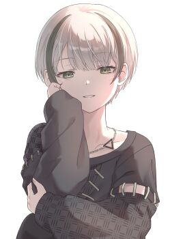 absurdres androgynous black_shirt chain chain_necklace collarbone commentary detached_sleeves english_commentary green_eyes grey_hair hand_on_own_face highres hinomori_shiho jewelry multicolored_hair necklace project_sekai shirt short_hair streaked_hair two-tone_hair umeo_(pixiv51103813)