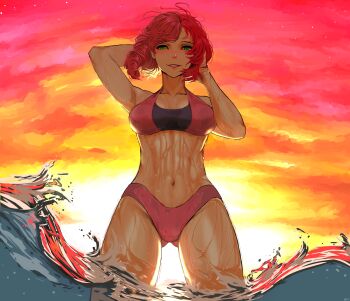 1girl absurdres alisa_boskonovich arm_up backlighting bikini blush breasts commentary_request drill_hair evening green_eyes grin hachijuu hand_in_own_hair highres large_breasts namco ocean partially_submerged partially_underwater_shot pink_hair smile solo sunset swimsuit tekken tekken_blood_vengeance tekken_tag_tournament_2 thighs underwater wading water wet